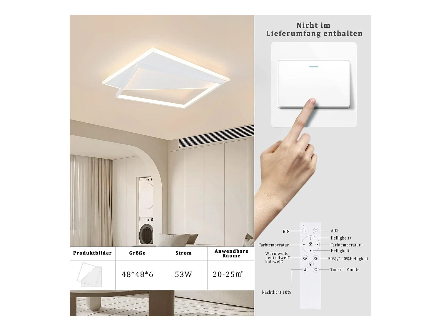 NETTLIFE Plafonnier LED 48cm 53W lampe de chambre lampes modernes salon blanc design pour couloir