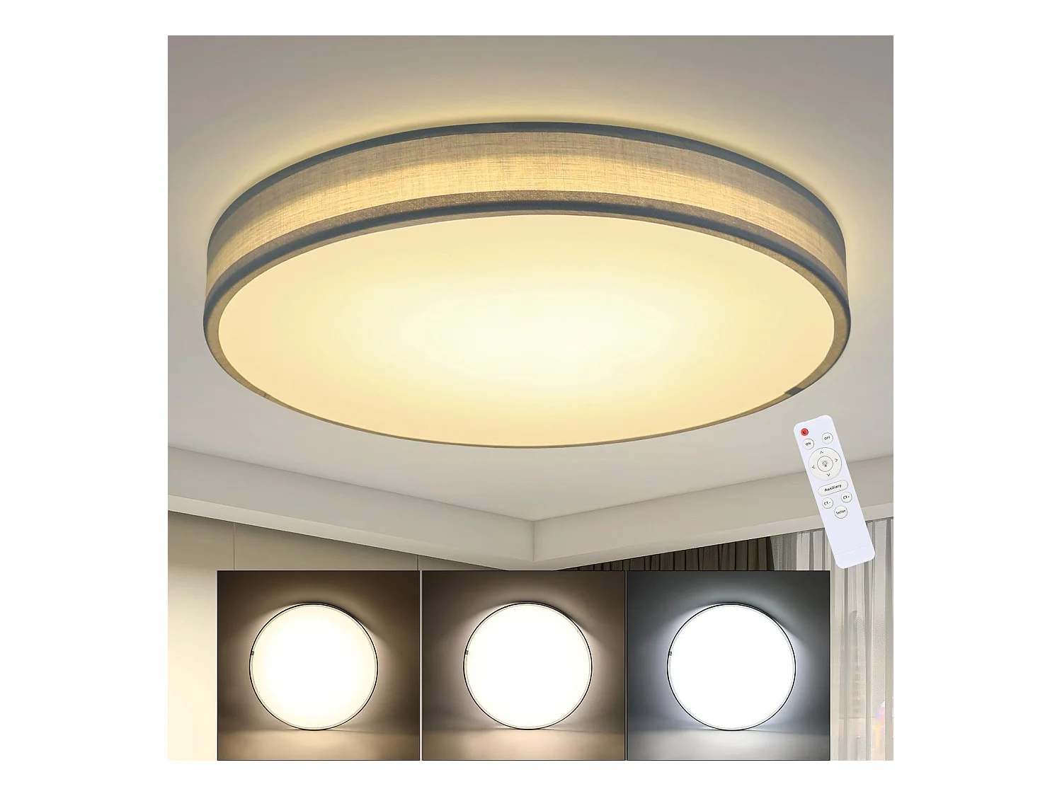 NETTLIFE Plafonnier LED 38W, 38CM Rond en Tissu Dimmable avec Télécommande Lampe de Chambre Tissu Gris Moderne pour Salon Cuisine Couloir