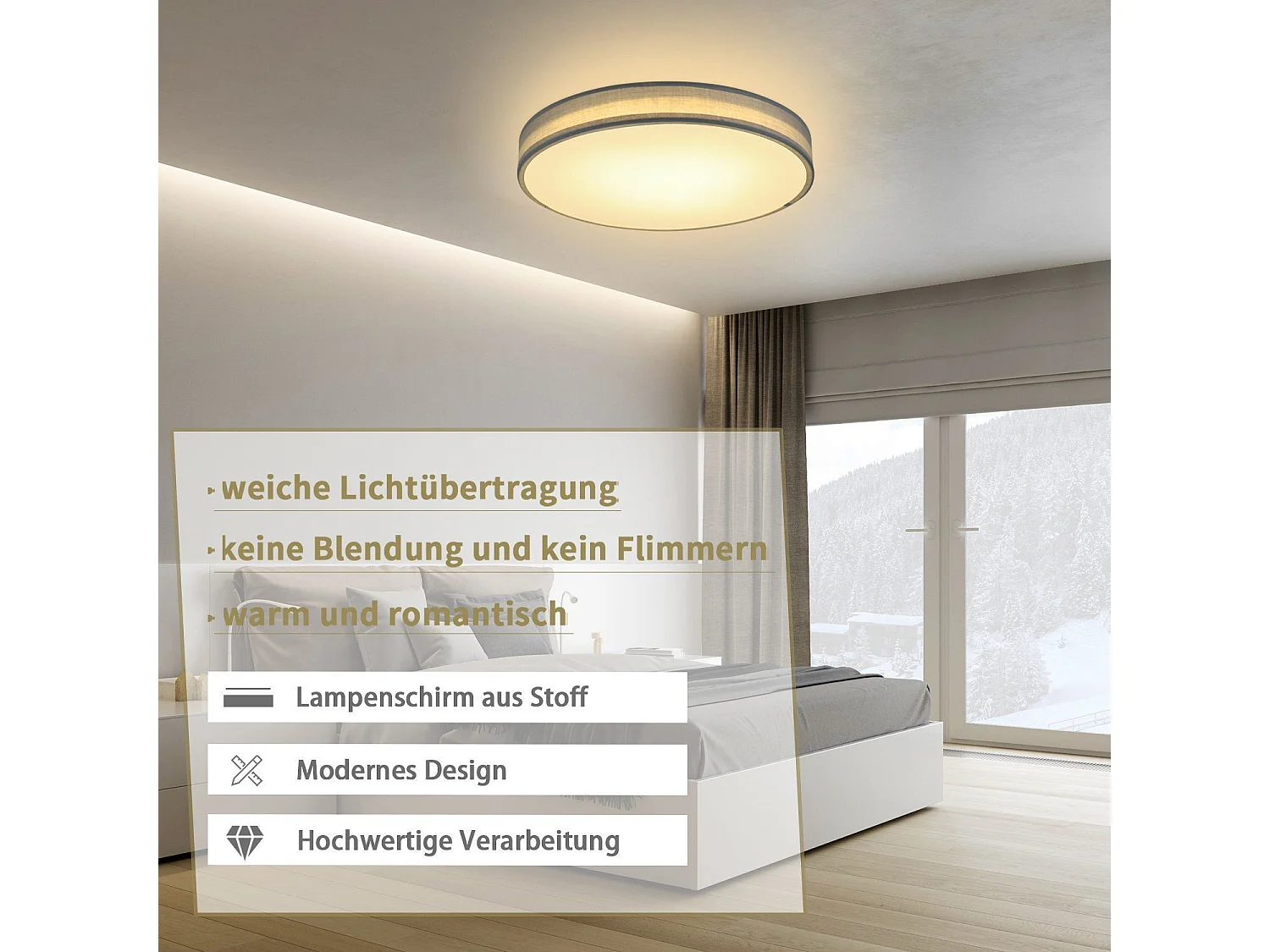 NETTLIFE Plafonnier LED 38W, 38CM Rond en Tissu Dimmable avec Télécommande Lampe de Chambre Tissu Gris Moderne pour Salon Cuisine Couloir