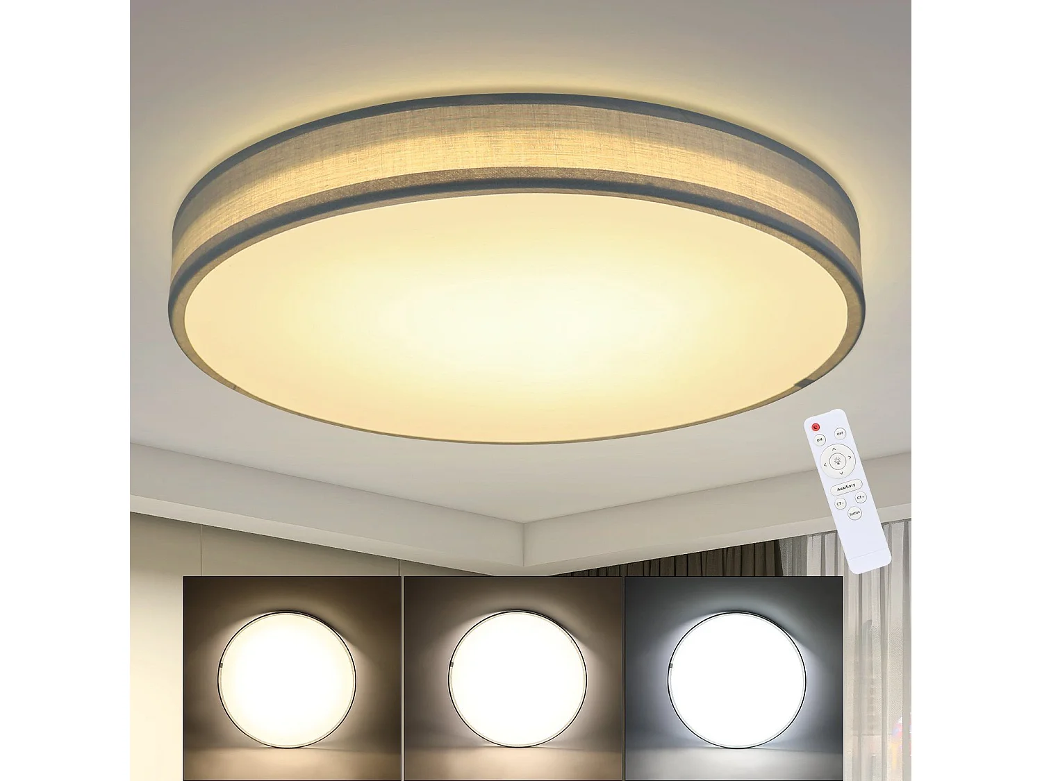 NETTLIFE 38W LED-Deckenleuchte, 38CM rund, Stoff, dimmbar, mit Fernbedienung, moderne graue Stoff-Schlafzimmerlampe für Wohnzimmer, Küche, Flur