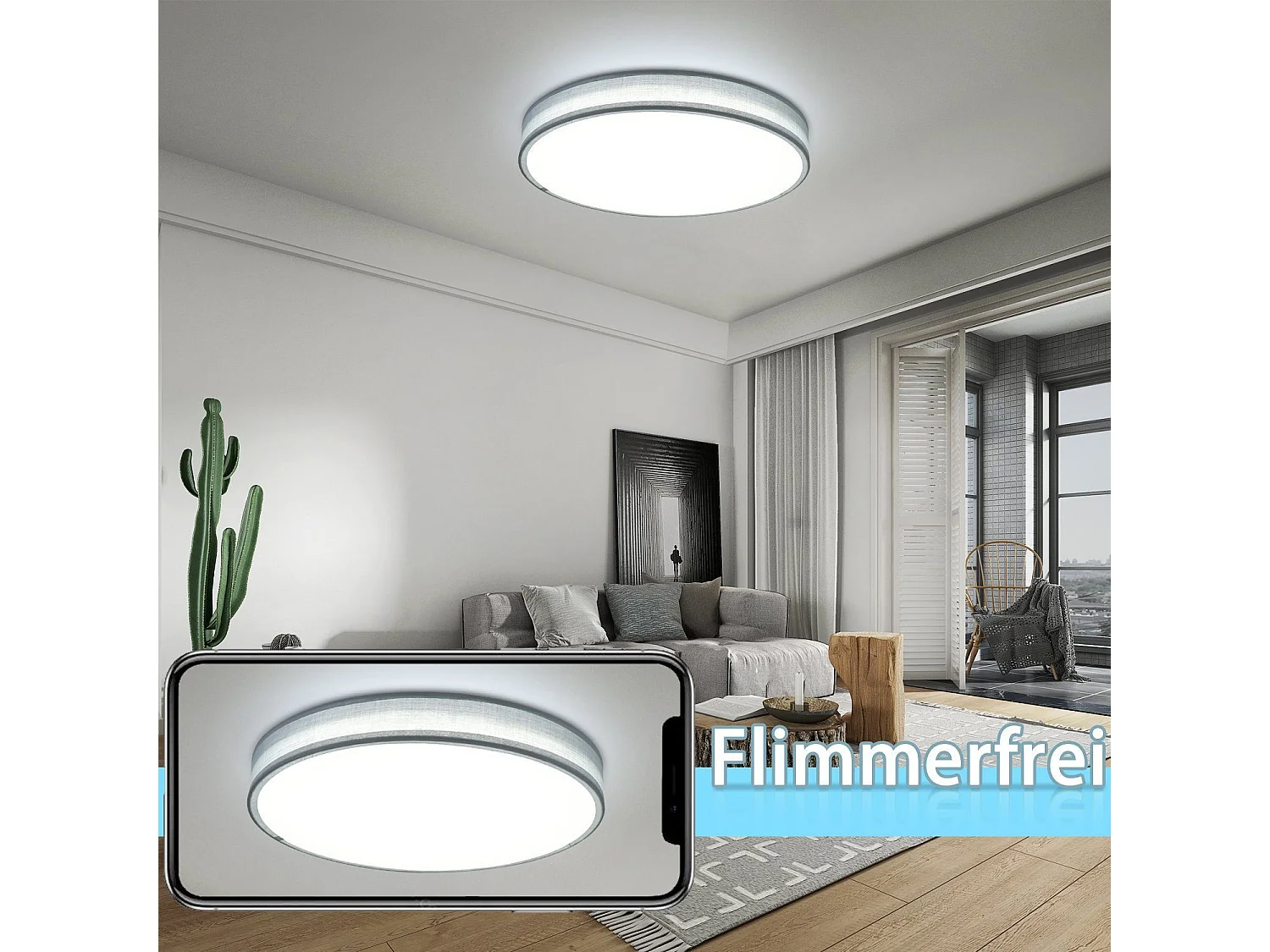 NETTLIFE 38W LED-Deckenleuchte, 38CM rund, Stoff, dimmbar, mit Fernbedienung, moderne graue Stoff-Schlafzimmerlampe für Wohnzimmer, Küche, Flur