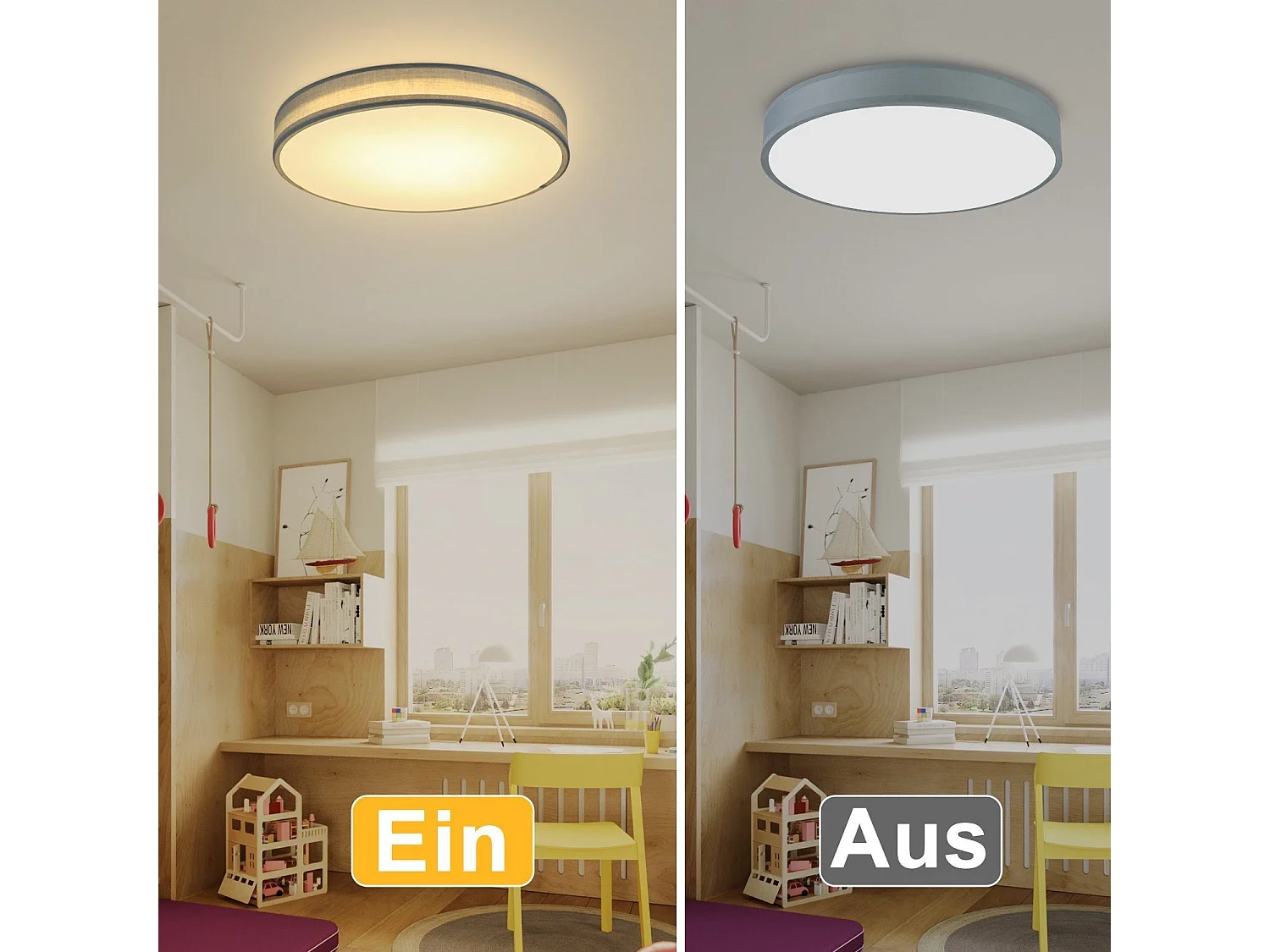 NETTLIFE Plafonnier LED 38W, 38CM Rond en Tissu Dimmable avec Télécommande Lampe de Chambre Tissu Gris Moderne pour Salon Cuisine Couloir