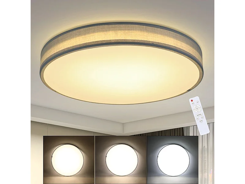 NETTLIFE 38W LED Lampa sufitowa, 38CM Okrągła Tkanina Ściemnialna z Pilotem Nowoczesna Szara Tkanina Lampa Sypialniana do Salonu