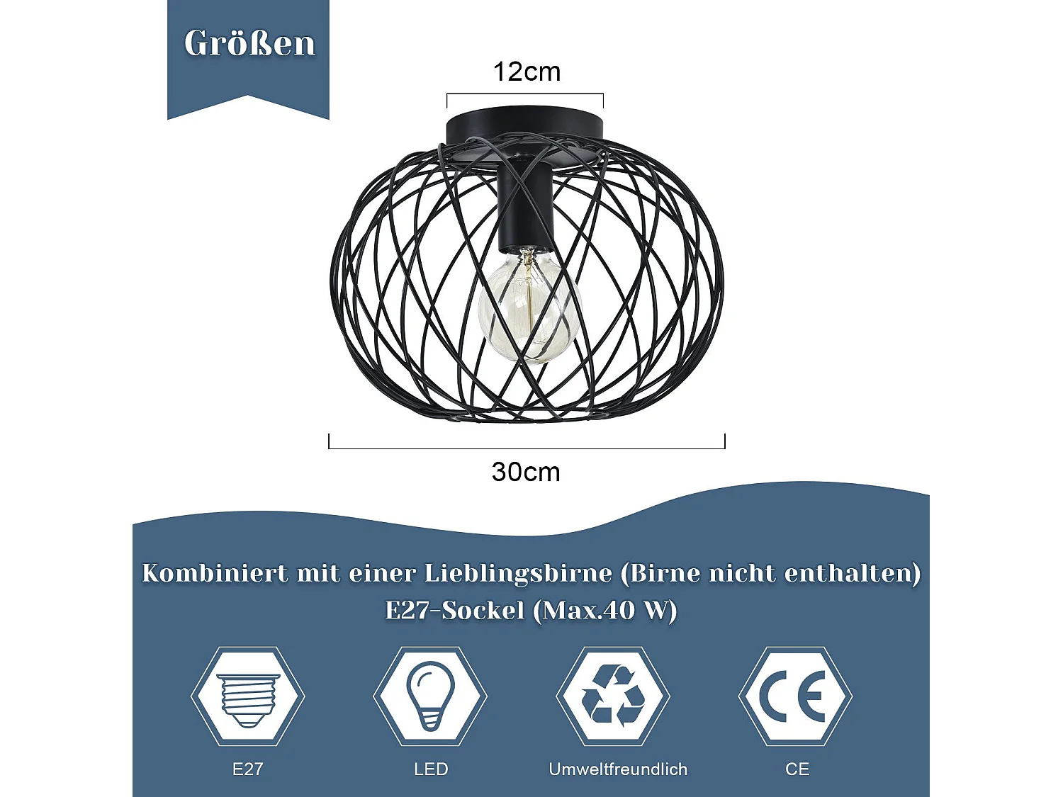 NETTLIFE Plafondlamp Zwart - Plafonniere E27 Lamp - Industrieel - ⌀ 30cm - Exclusief Lichtbron