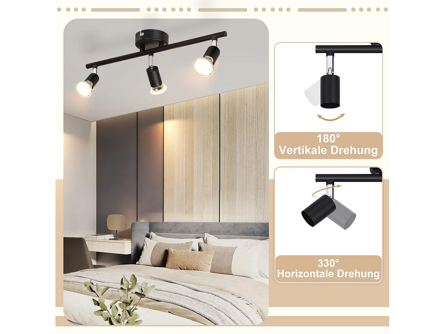 NETTLIFE 3 Spots de Plafond Métal GU10 Noir Pivotant 330° Plafonnier Rotatif Moderne pour Salon Chambre Couloir Sans Ampoule