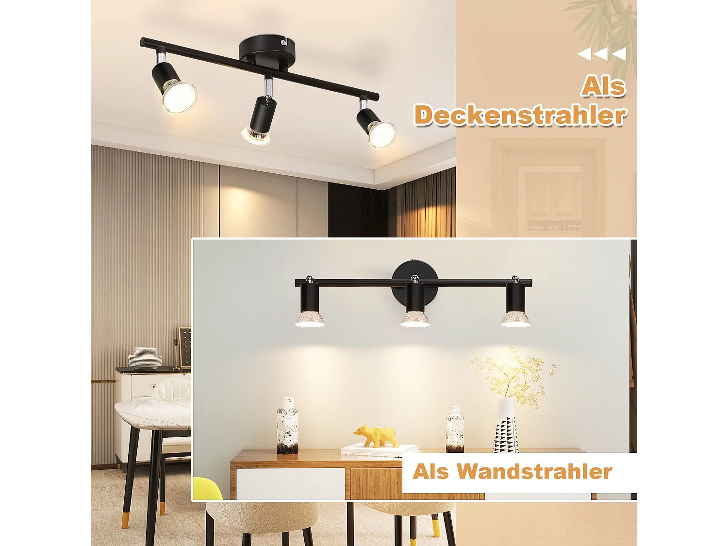NETTLIFE 3er Deckenspots Metall GU10 Schwarz Schwenkbar 330° Moderne Drehbare Deckenlampe für Wohnzimmer Schlafzimmer Flur Ohne Leuchtmittel