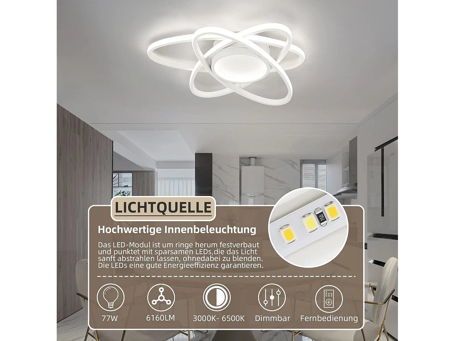 NETTLIFE Plafonnier LED Design Moderne avec Télécommande 77W Dimmable Salon Lampe de Cuisine pour Chambre Cuisine Couloir Bureau
