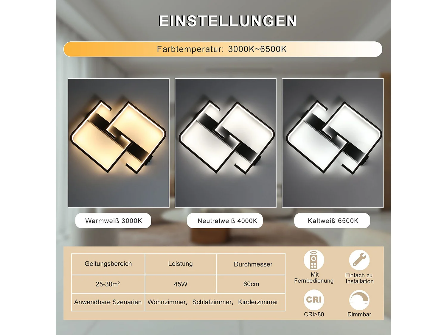 LED Deckenleuchte 45w Metall 60cm Wohnzimmer Dimmbar Mit Fernbedienung Schwarz Modernes Design