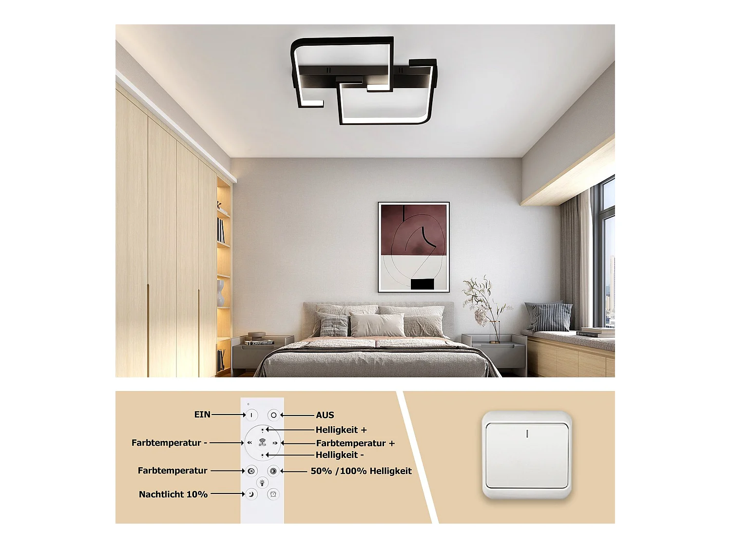 LED Deckenleuchte 45w Metall 60cm Wohnzimmer Dimmbar Mit Fernbedienung Schwarz Modernes Design