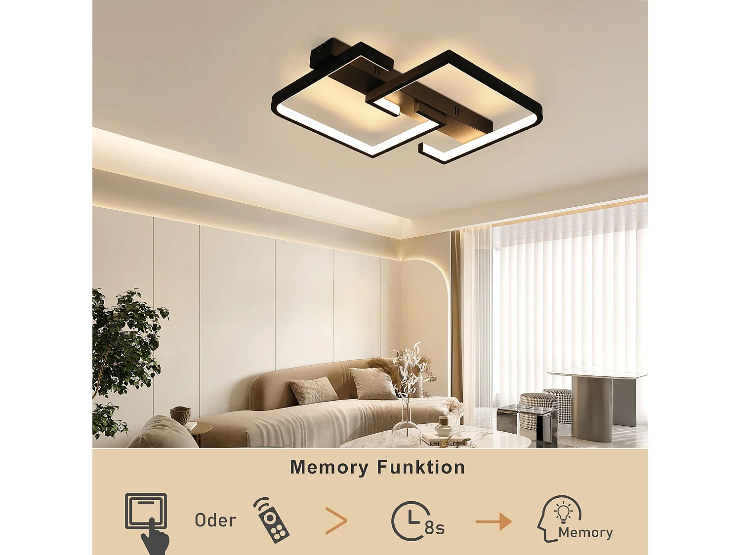 NETTLIFE Plafonnier LED 45W Métal 60CM Salon Dimmable avec Télécommande Noir Design Moderne pour Chambre Salle à Manger Cuisine d'étude