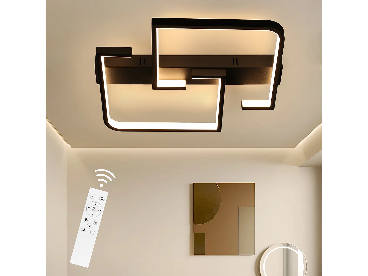 NETTLIFE Plafonnier LED 45W Métal 60CM Salon Dimmable avec Télécommande Noir Design Moderne pour Chambre Salle à Manger Cuisine d'étude