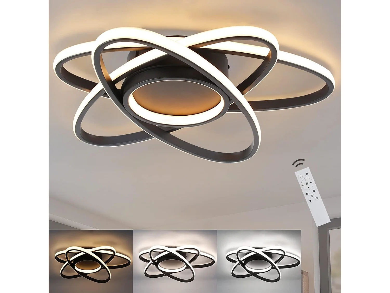 NETTLIFE Plafonnier LED Chambre d'enfant Lampe à intensité variable 48 W Noir Salon avec télécommande 3000K-6500K Moderne pour Chambre Cuisine Balcon