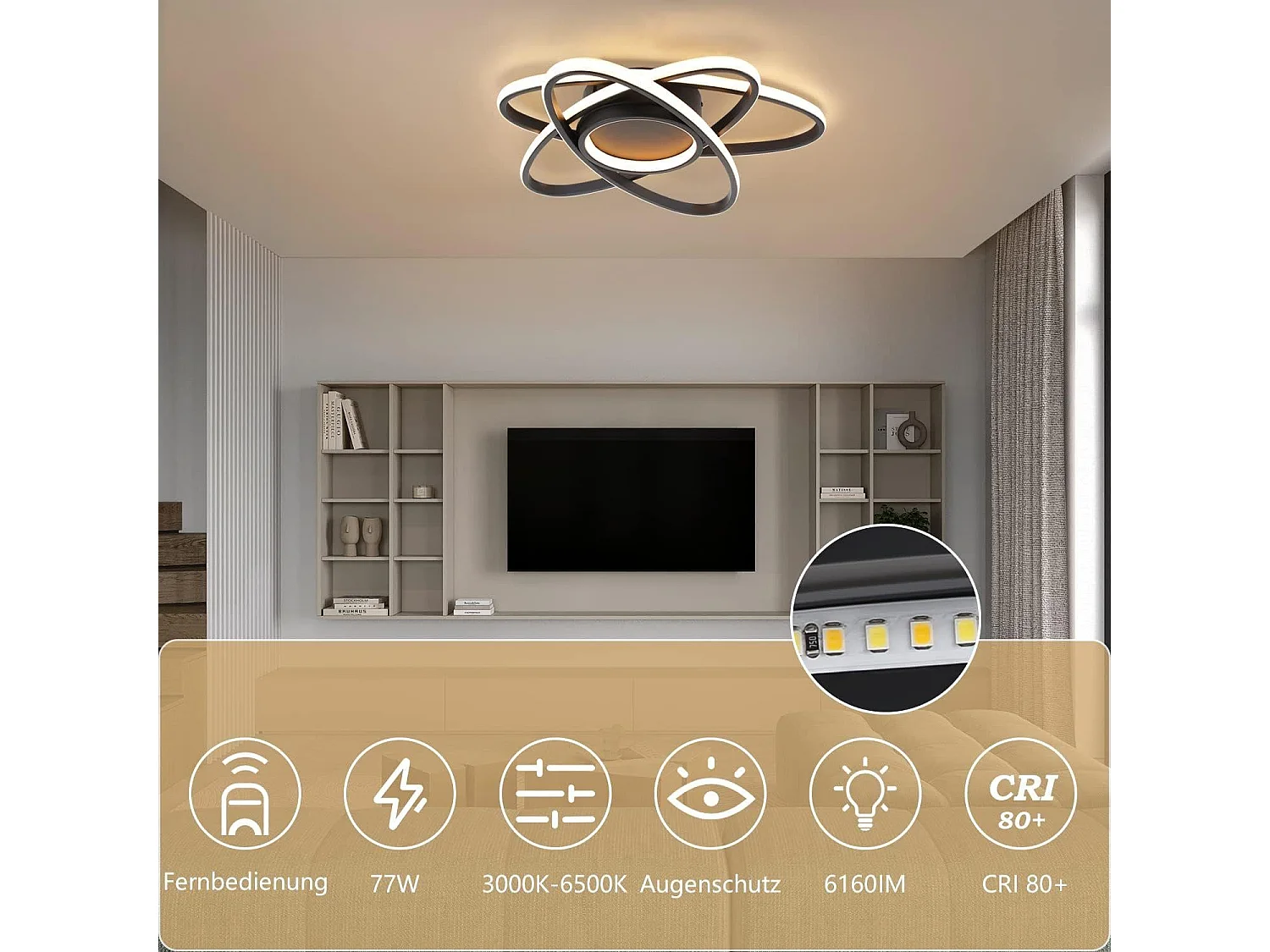 NETTLIFE Plafonnier LED Chambre d'enfant Lampe à intensité variable 48 W Noir Salon avec télécommande 3000K-6500K Moderne pour Chambre Cuisine Balcon