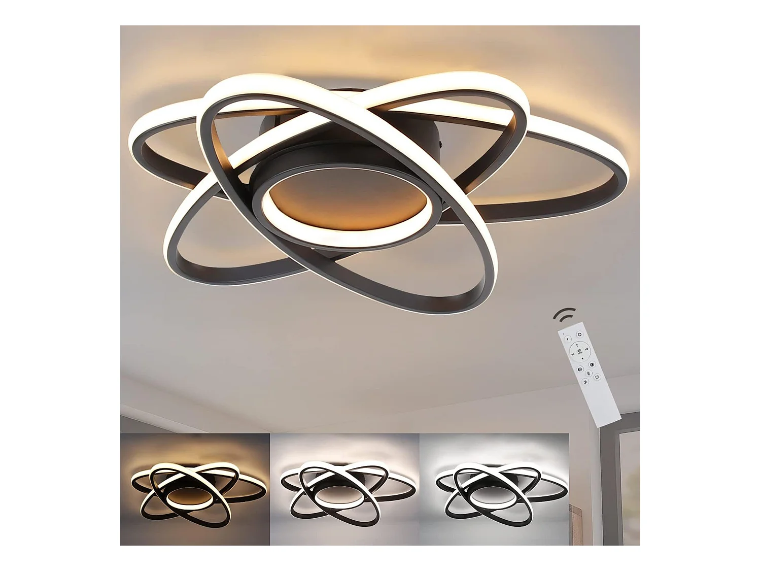 NETTLIFE LED-plafondlamp voor kinderkamer, dimbaar 48W zwart met afstandsbediening, 3000K-6500K moderne plafondlamp voor slaapkamer, balkon