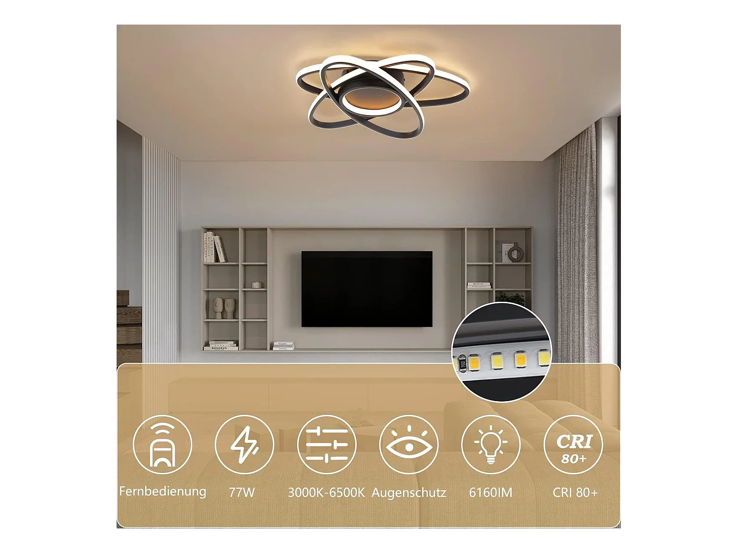 NETTLIFE Plafonnier LED Chambre d'enfant Lampe à intensité variable 48 W Noir Salon avec télécommande 3000K-6500K Moderne pour Chambre Cuisine Balcon