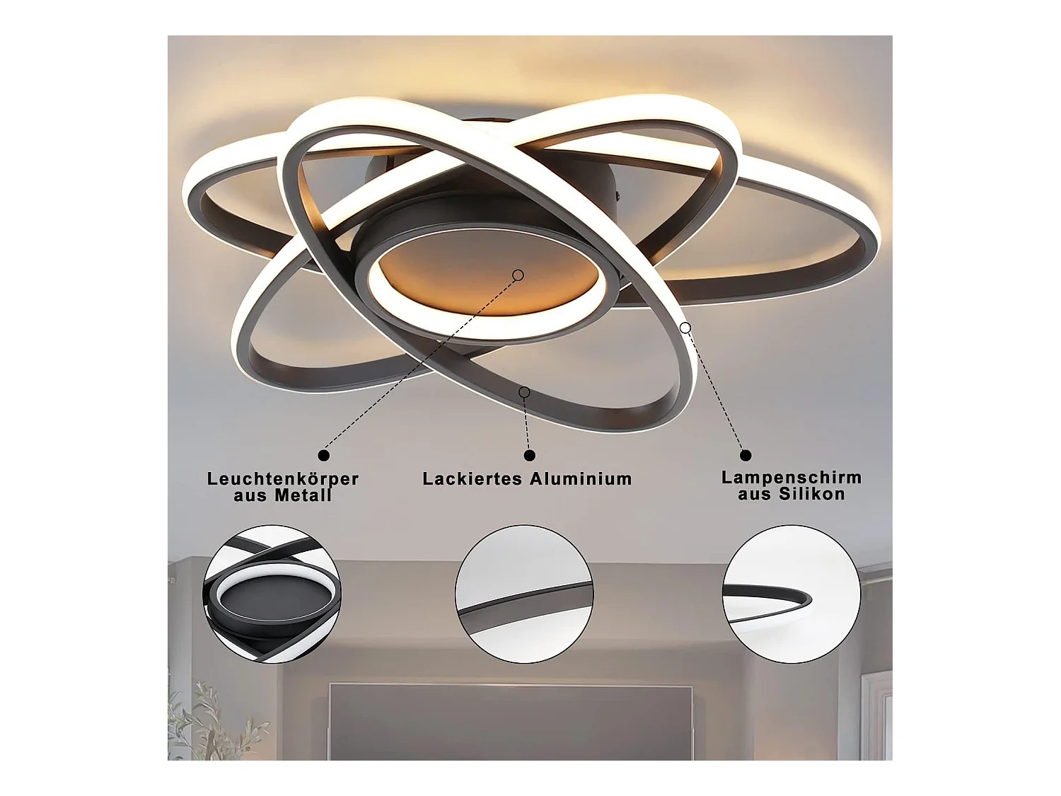 NETTLIFE Plafonnier LED Chambre d'enfant Lampe à intensité variable 48 W Noir Salon avec télécommande 3000K-6500K Moderne pour Chambre Cuisine Balcon