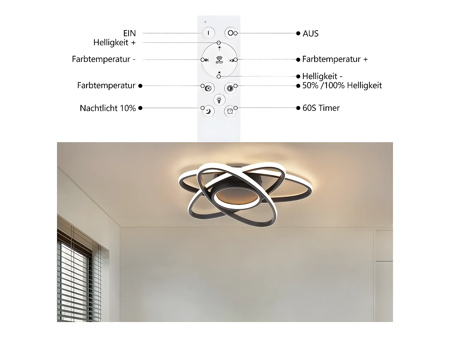 NETTLIFE Plafonnier LED Chambre d'enfant Lampe à intensité variable 48 W Noir Salon avec télécommande 3000K-6500K Moderne pour Chambre Cuisine Balcon