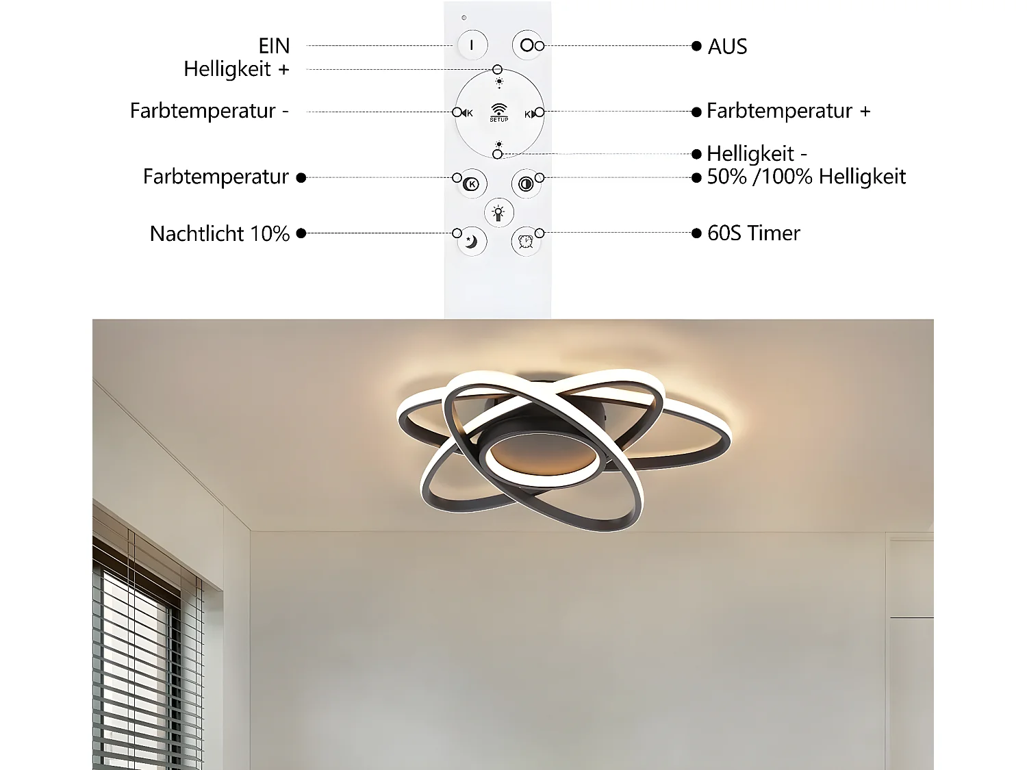 NETTLIFE Plafonnier LED Chambre d'enfant Lampe à intensité variable 48 W Noir Salon avec télécommande 3000K-6500K Moderne pour Chambre Cuisine Balcon