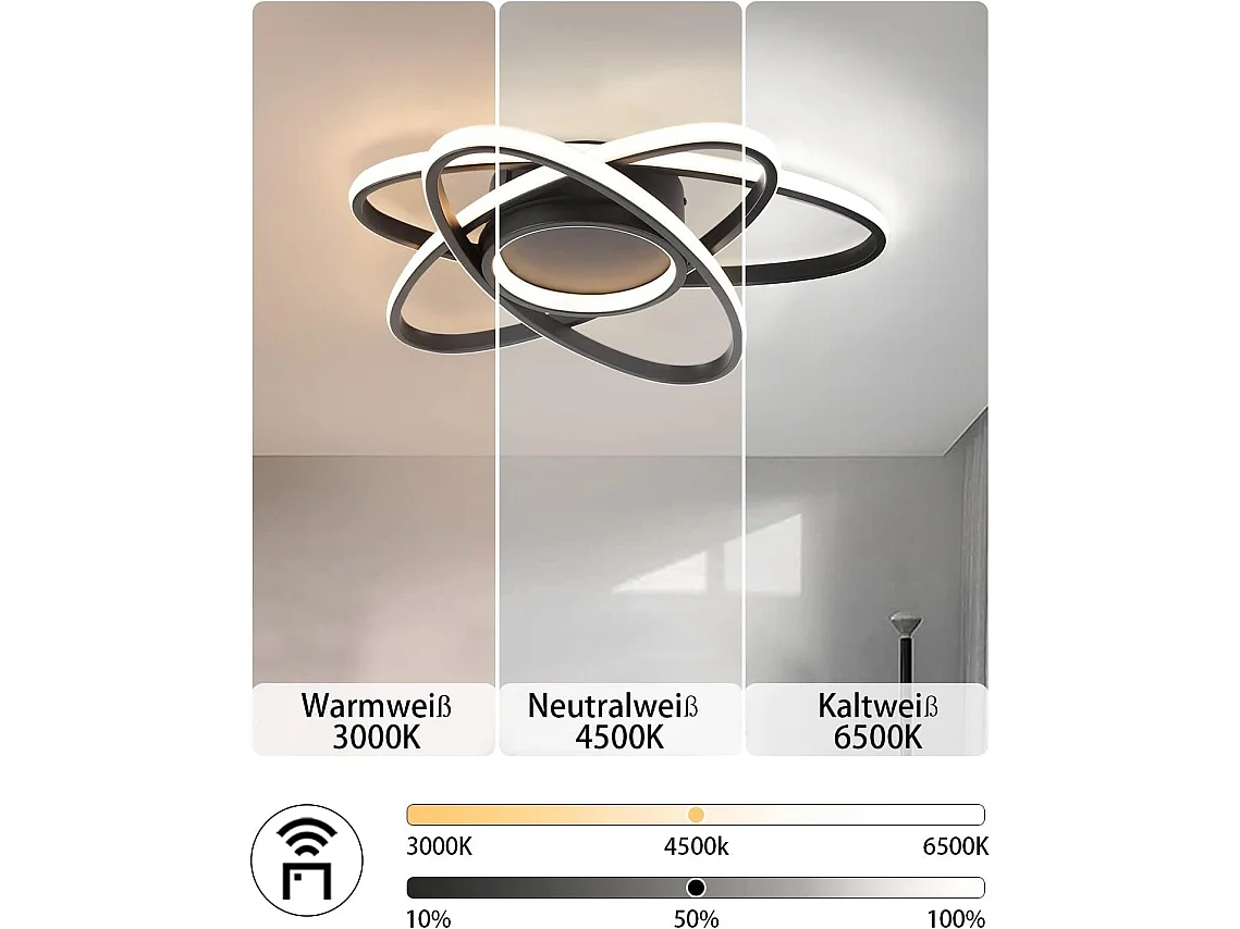 NETTLIFE Plafonnier LED Chambre d'enfant Lampe à intensité variable 48 W Noir Salon avec télécommande 3000K-6500K Moderne pour Chambre Cuisine Balcon