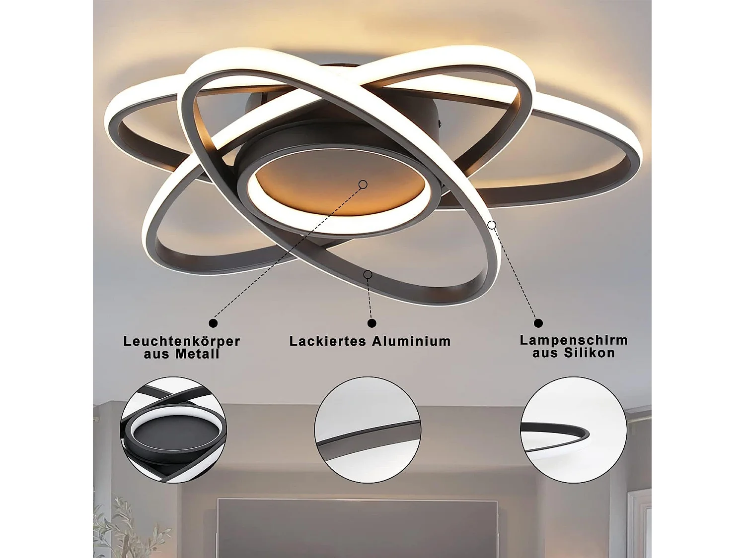 NETTLIFE Plafonnier LED Chambre d'enfant Lampe à intensité variable 48 W Noir Salon avec télécommande 3000K-6500K Moderne pour Chambre Cuisine Balcon