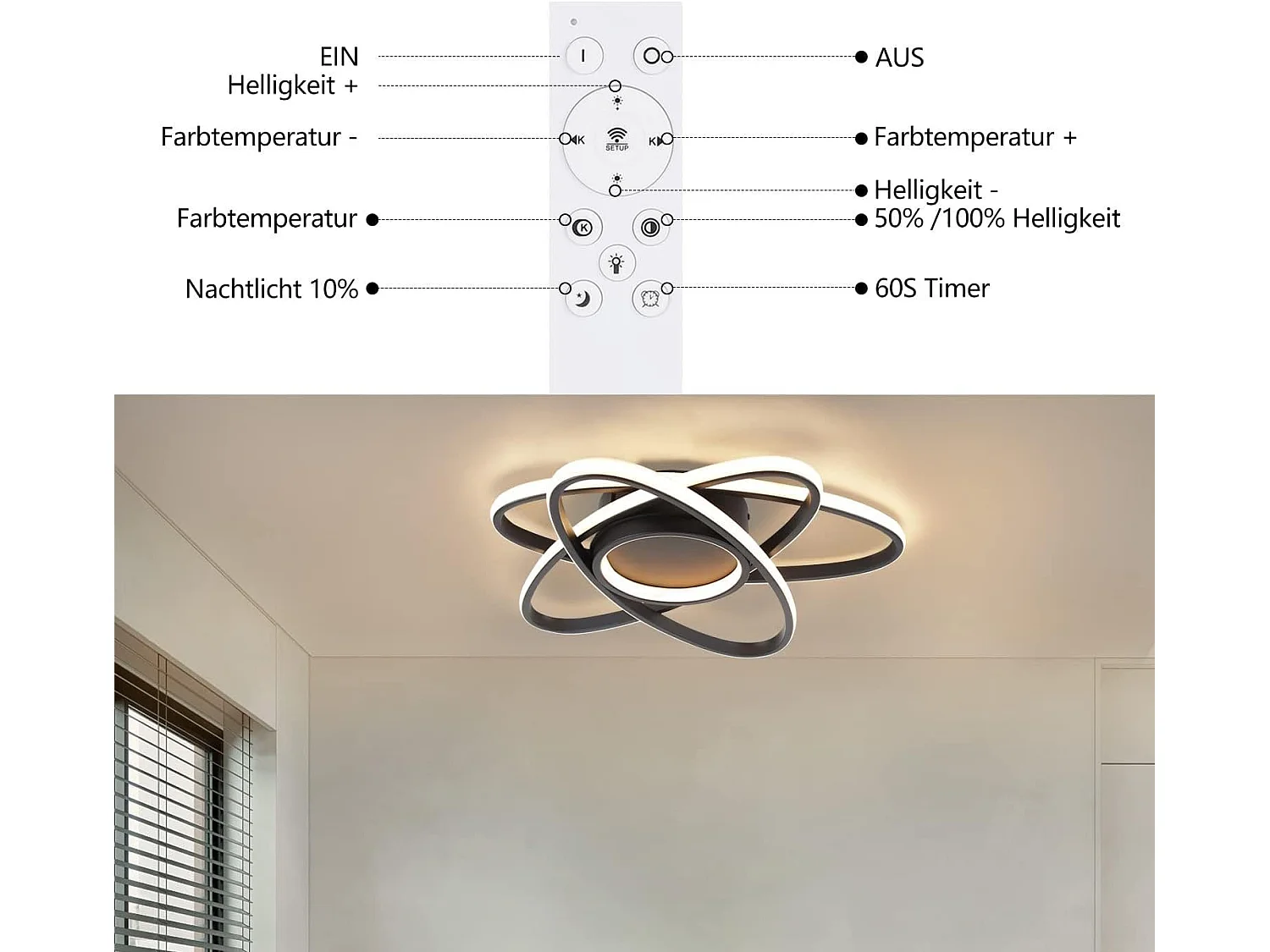 NETTLIFE Plafonnier LED Chambre d'enfant Lampe à intensité variable 48 W Noir Salon avec télécommande 3000K-6500K Moderne pour Chambre Cuisine Balcon