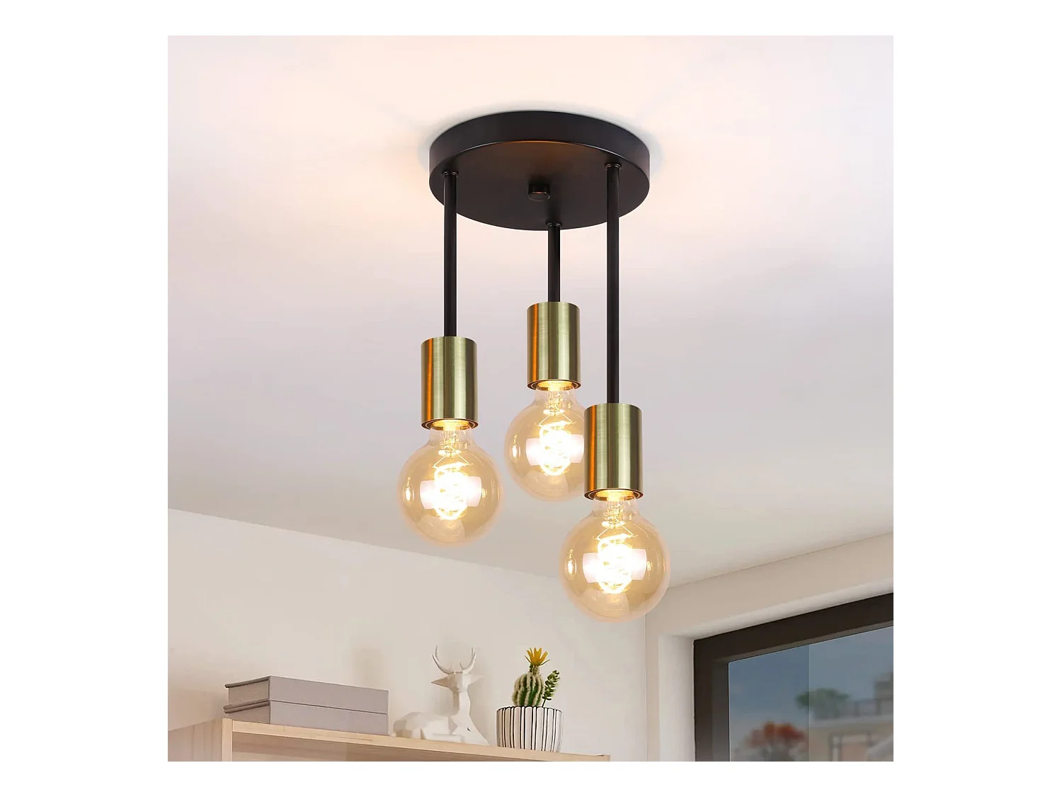 NETTLIFE Plafonnier 3 Spots E27 Suspendu Vintage Noir Or avec Lustre Industriel Moderne pour Salle à Manger Cuisine Couloir Salon Bar, Max. 25w