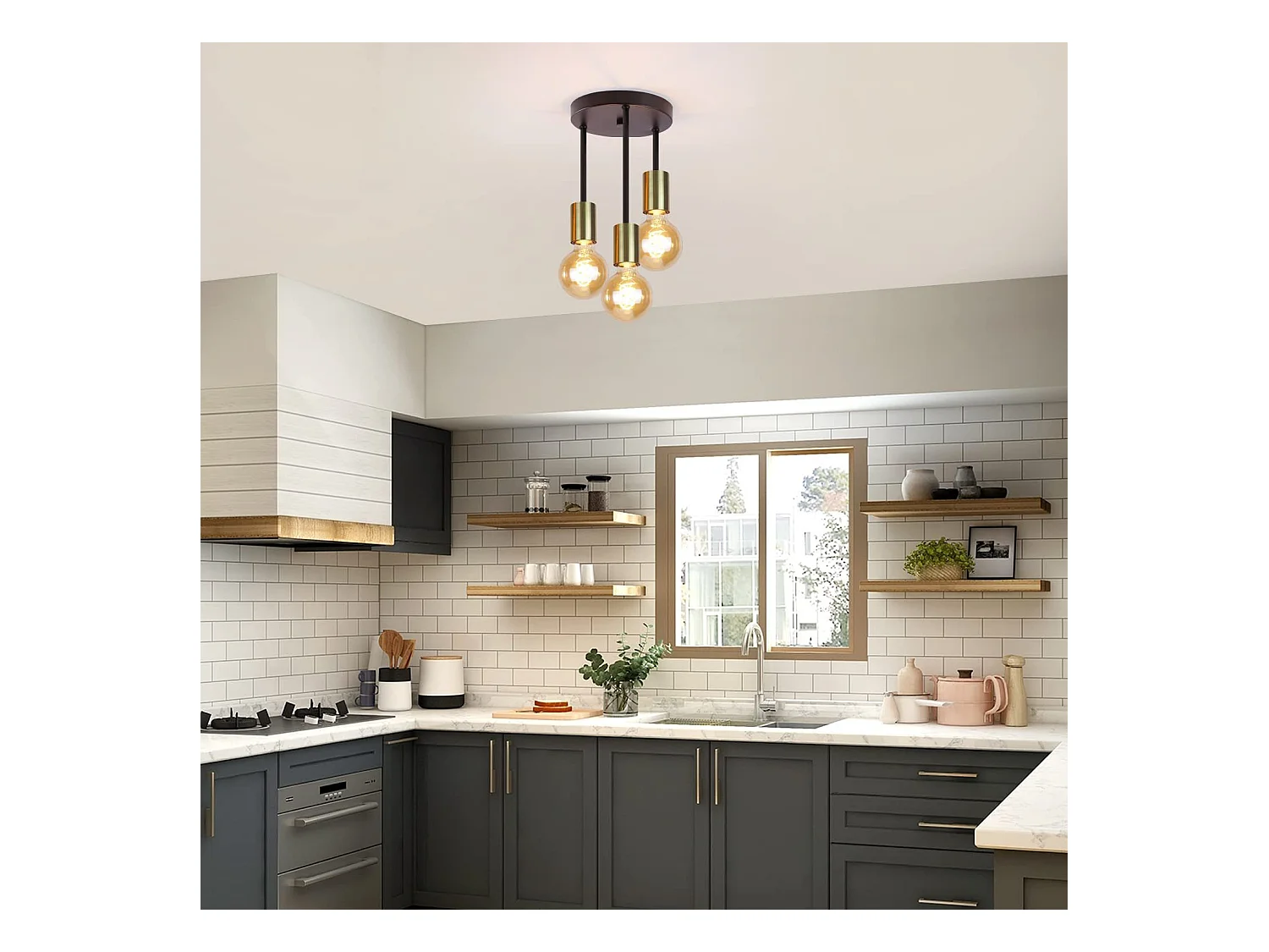 NETTLIFE Plafonnier 3 Spots E27 Suspendu Vintage Noir Or avec Lustre Industriel Moderne pour Salle à Manger Cuisine Couloir Salon Bar, Max. 25w
