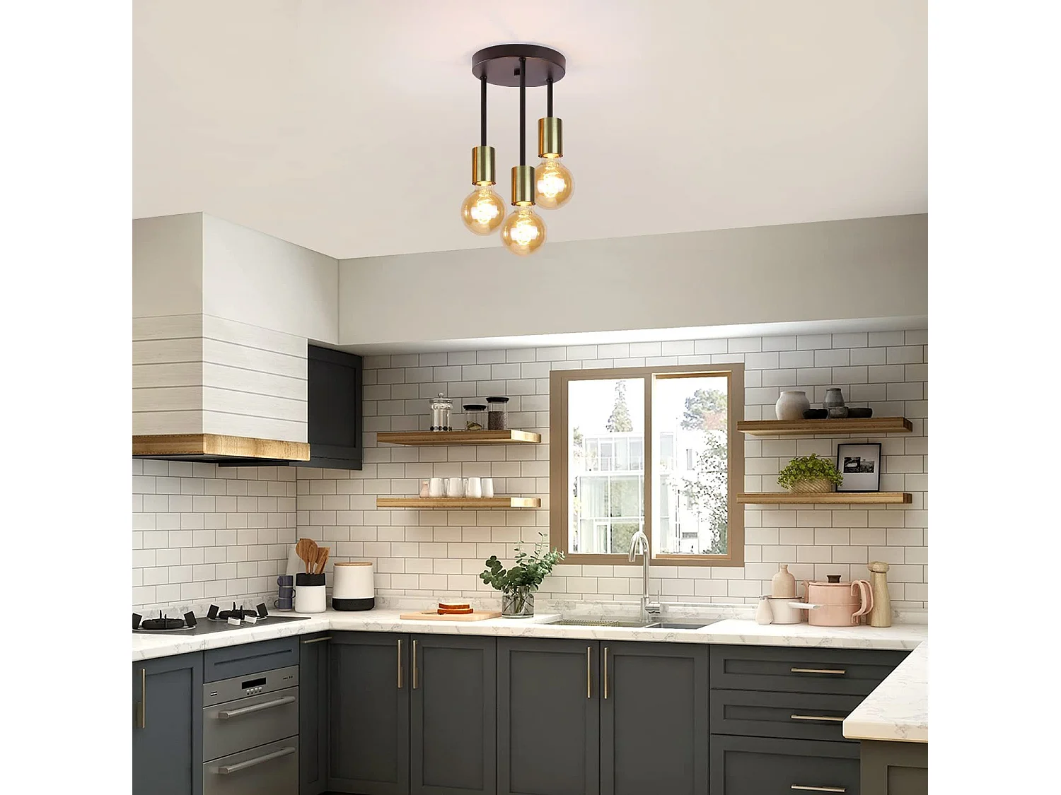 NETTLIFE Plafonnier 3 Spots E27 Suspendu Vintage Noir Or avec Lustre Industriel Moderne pour Salle à Manger Cuisine Couloir Salon Bar, Max. 25w