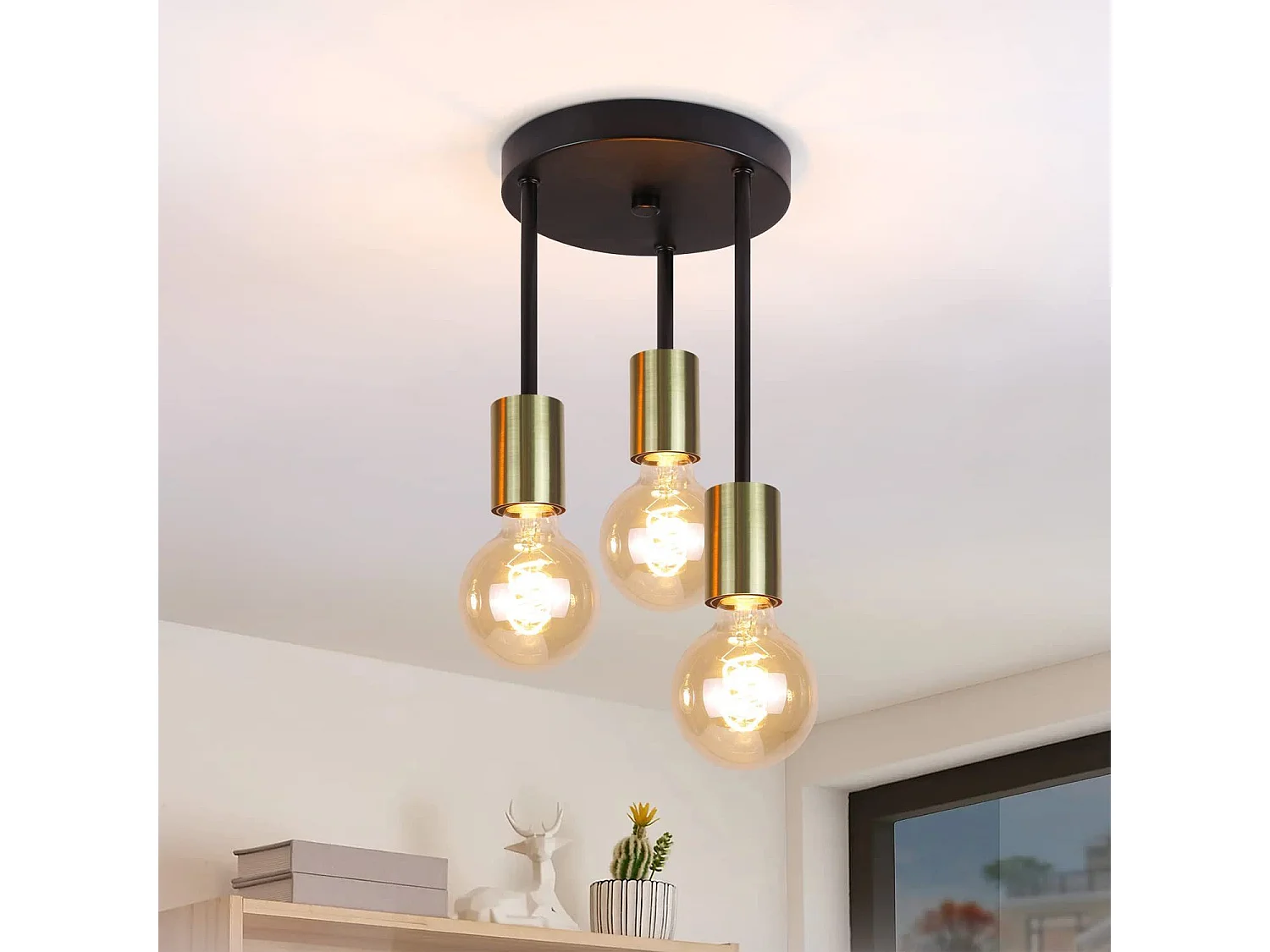 NETTLIFE Plafonnier 3 Spots E27 Suspendu Vintage Noir Or avec Lustre Industriel Moderne pour Salle à Manger Cuisine Couloir Salon Bar, Max. 25w