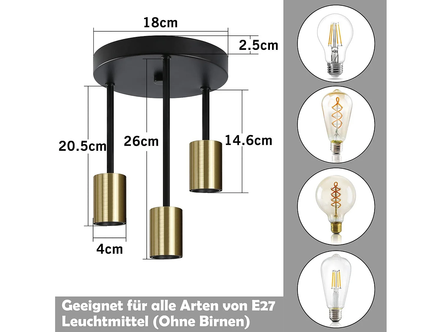 NETTLIFE Plafonnier 3 Spots E27 Suspendu Vintage Noir Or avec Lustre Industriel Moderne pour Salle à Manger Cuisine Couloir Salon Bar, Max. 25w