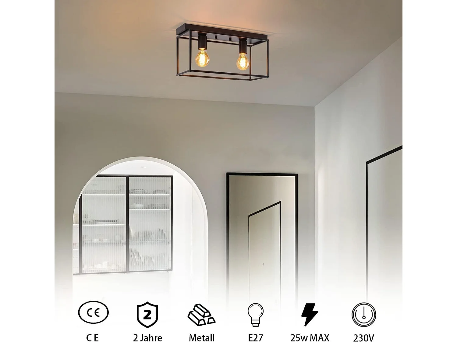 NETTLIFE Plafondlamp E27 - vierkant - 2-Lichts - Retro Plafondverlichting - Zwart - Vintage - Metalen Lamp - voor Slaapkamer | Woonkamer | Gang | Keuken - Max.25W