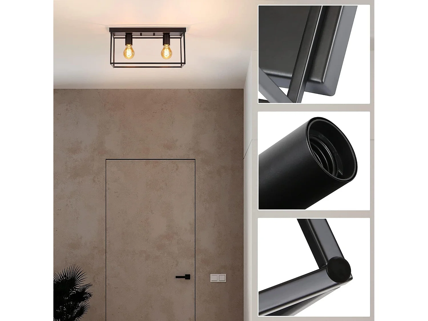 NETTLIFE Plafondlamp E27 - vierkant - 2-Lichts - Retro Plafondverlichting - Zwart - Vintage - Metalen Lamp - voor Slaapkamer | Woonkamer | Gang | Keuken - Max.25W