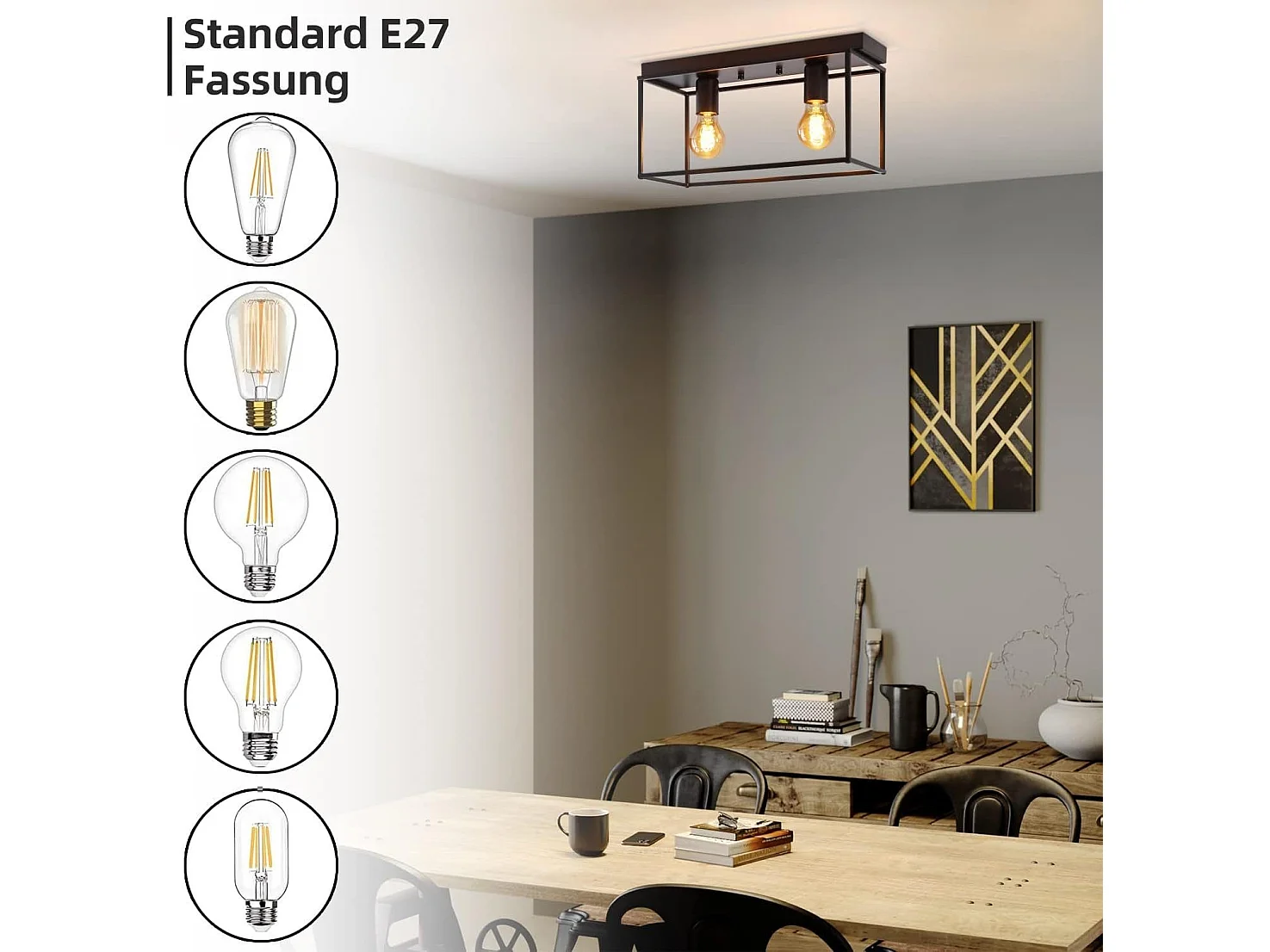 NETTLIFE Plafondlamp E27 - vierkant - 2-Lichts - Retro Plafondverlichting - Zwart - Vintage - Metalen Lamp - voor Slaapkamer | Woonkamer | Gang | Keuken - Max.25W