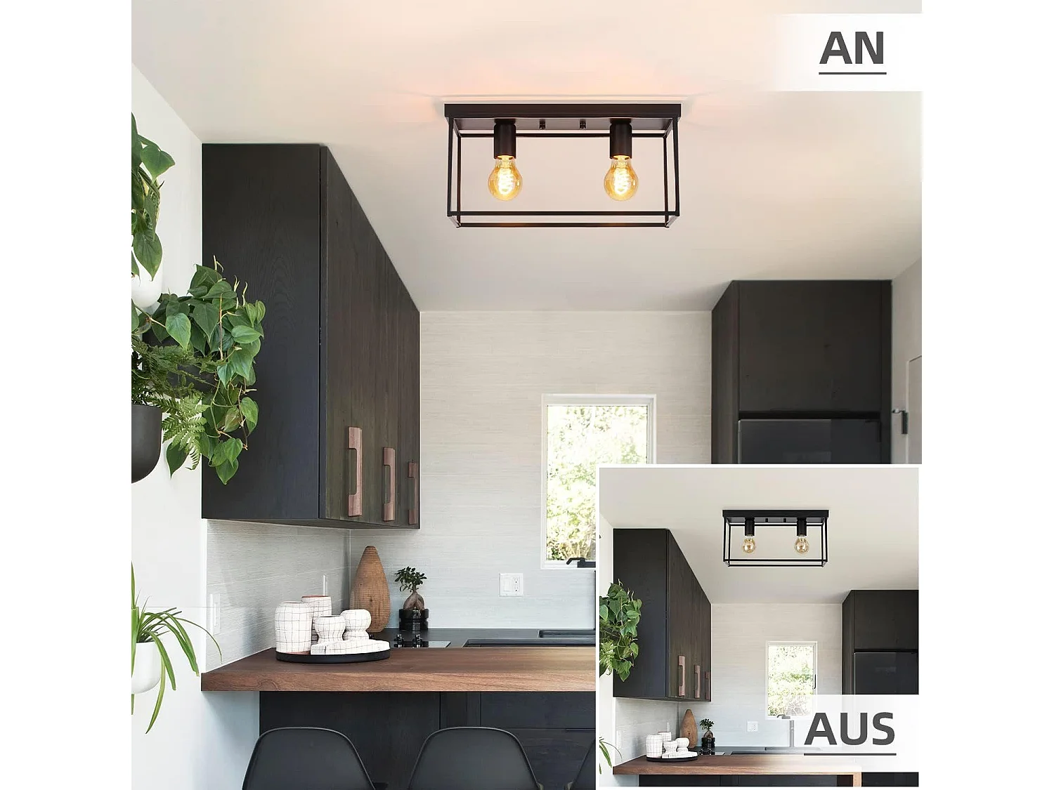 NETTLIFE Plafondlamp E27 - vierkant - 2-Lichts - Retro Plafondverlichting - Zwart - Vintage - Metalen Lamp - voor Slaapkamer | Woonkamer | Gang | Keuken - Max.25W