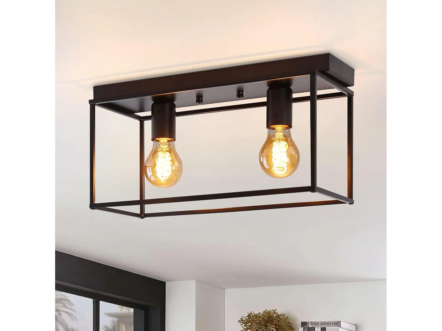 NETTLIFE Plafonnier 2 spots E27 25W rétro - lampe industrielle noire pour salon vintage en métal avec 2 ampoules max  pour cuisine