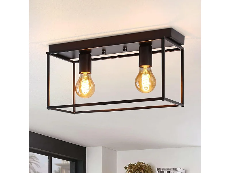 NETTLIFE Plafonnier 2 spots E27 25W rétro - lampe industrielle noire pour salon vintage en métal avec 2 ampoules max  pour cuisine