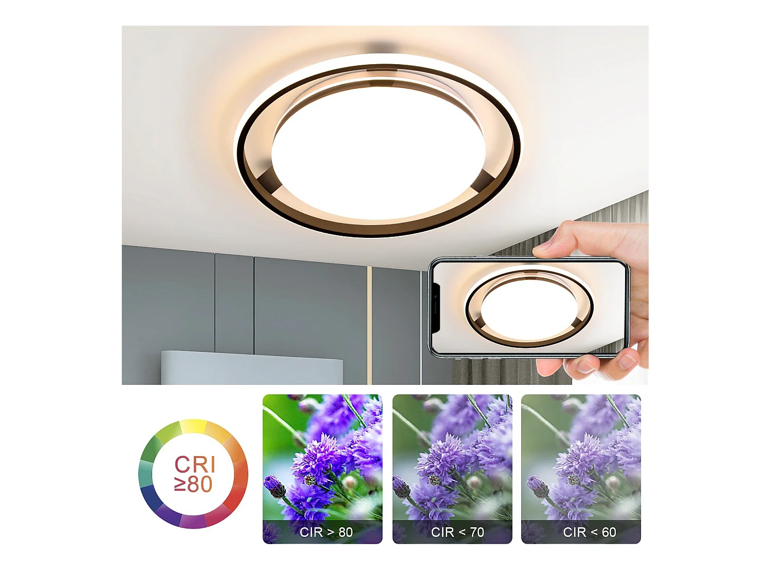 NETTLIFE Plafondlamp LED Zwart rond Metaal 42W Dimbaar met Afstandsbediening Moderne Plafondverlichting voor Woonkamer | Slaapkamer | Studeerkamer 44cm