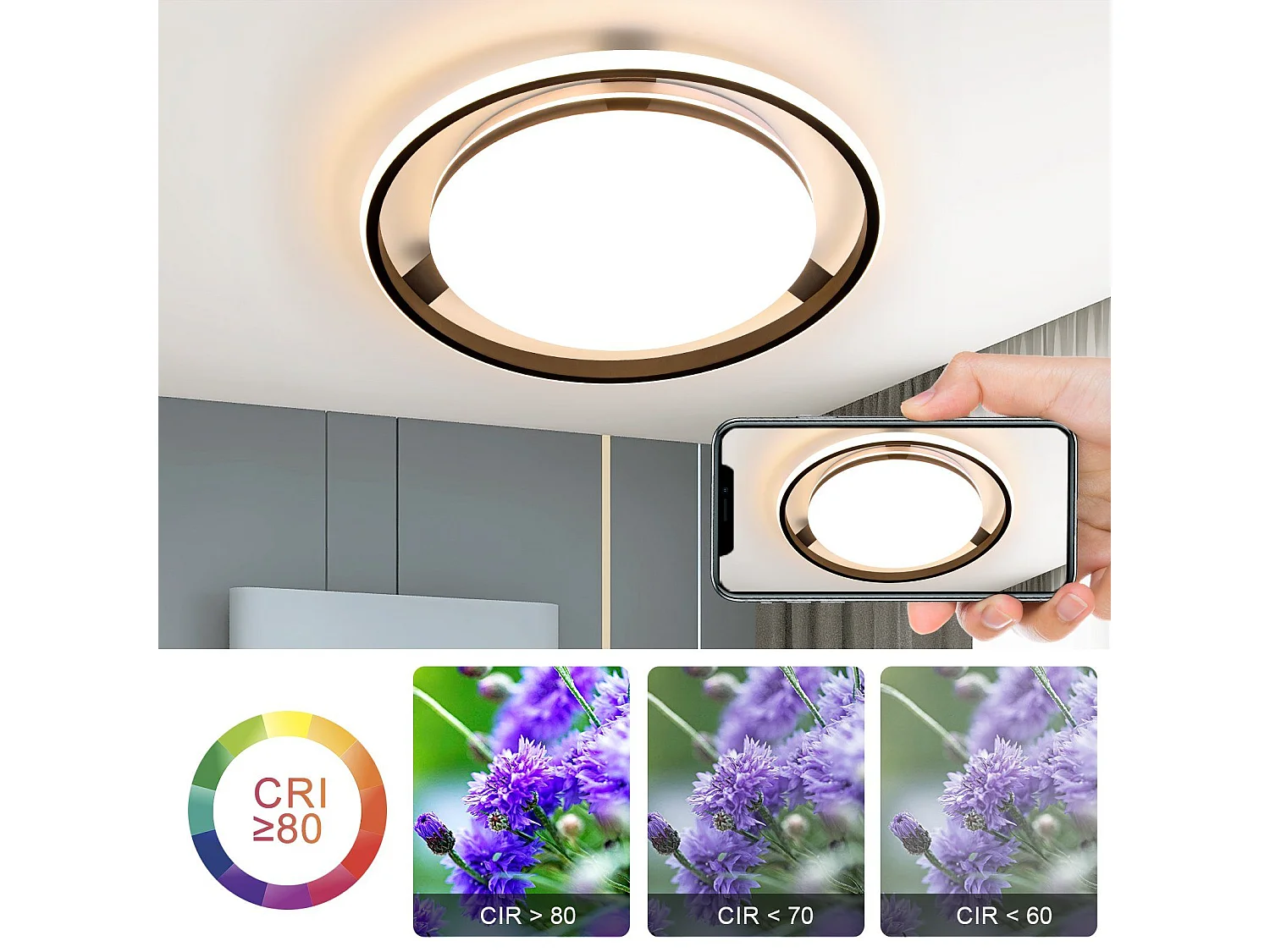 NETTLIFE Plafonnier LED Noir Moderne Télécommande Design Rond Lampe de Salon avec Lampe à Intensité Variable pour Chambre Cuisine Bureau Couloir