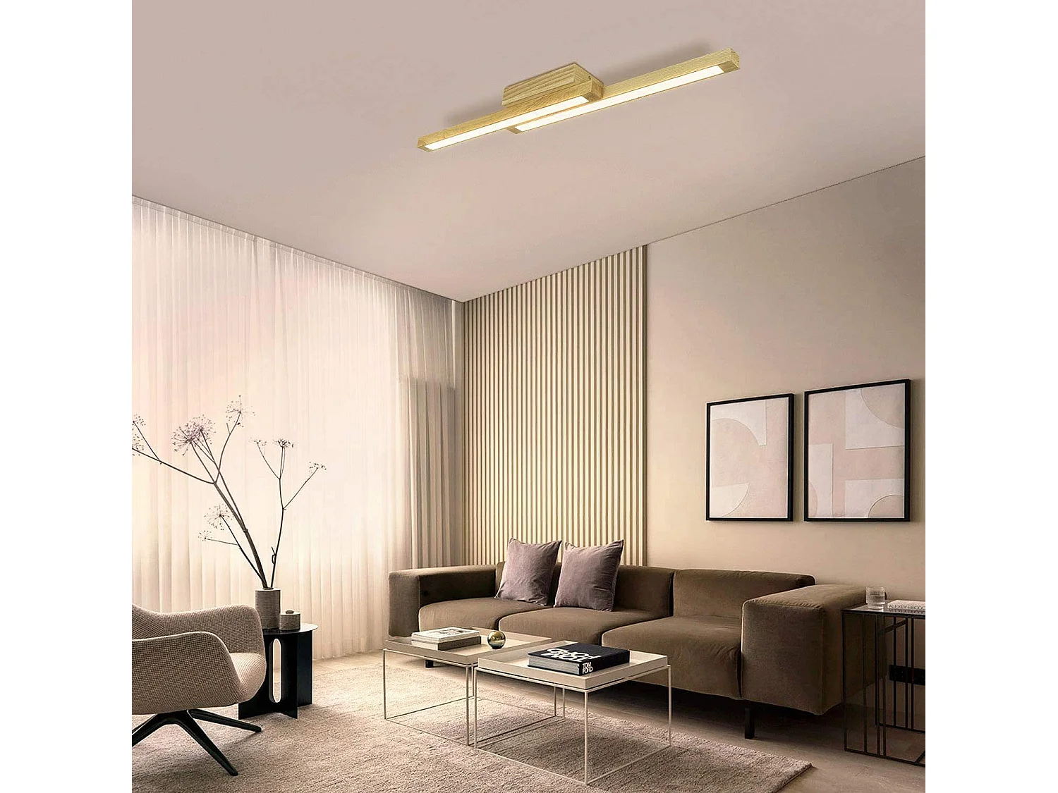 NETTLIFE Lampa sufitowa LED Światło drewniane 90 cm 3000 K Ciepła biała lampa do sypialni w stylu retro, do salonu, sypialni, przedpokoju, jadalni