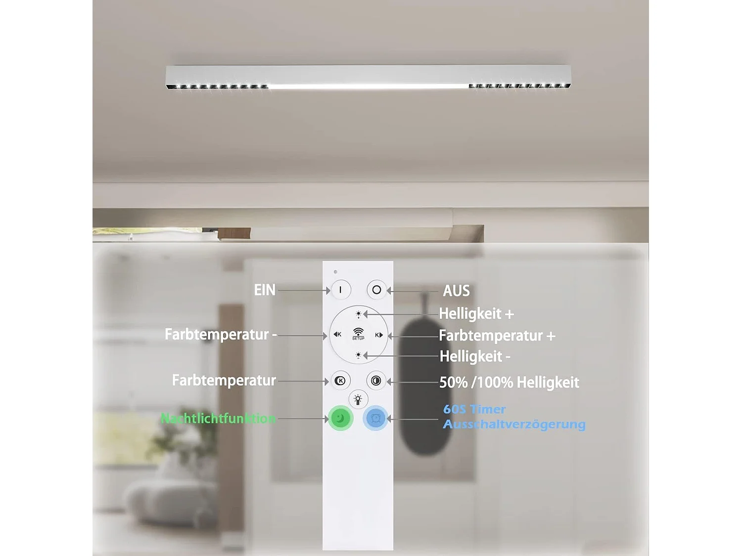 NETTLIFE Lámpara de Techo LED Blanca 25W Lámpara Moderna para  Lámpara de Escritorio Larga Regulable con Control Remoto 80CM para Dormitorio