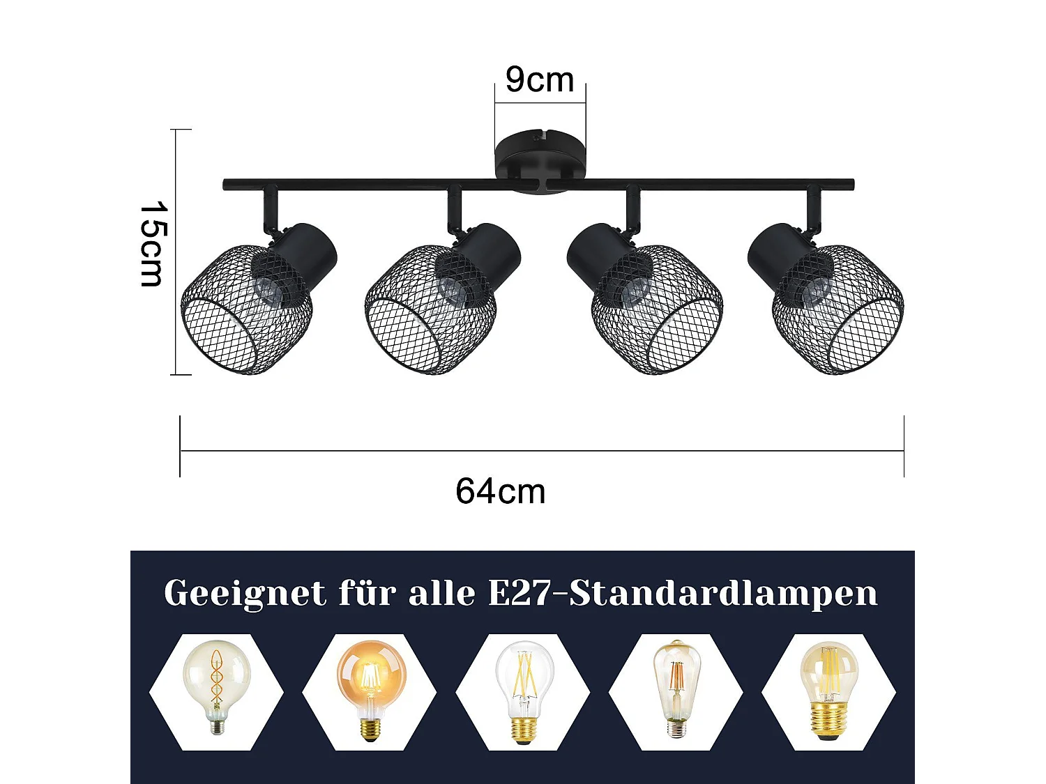 NETTLIFE Opbouwspot 4 vlammen E27 rond vintage zwart metaal Plafondspot verstelbaar 330°spot plafondlamp spot voor woonkamer slaapkamer keuken zonder gloeilampen