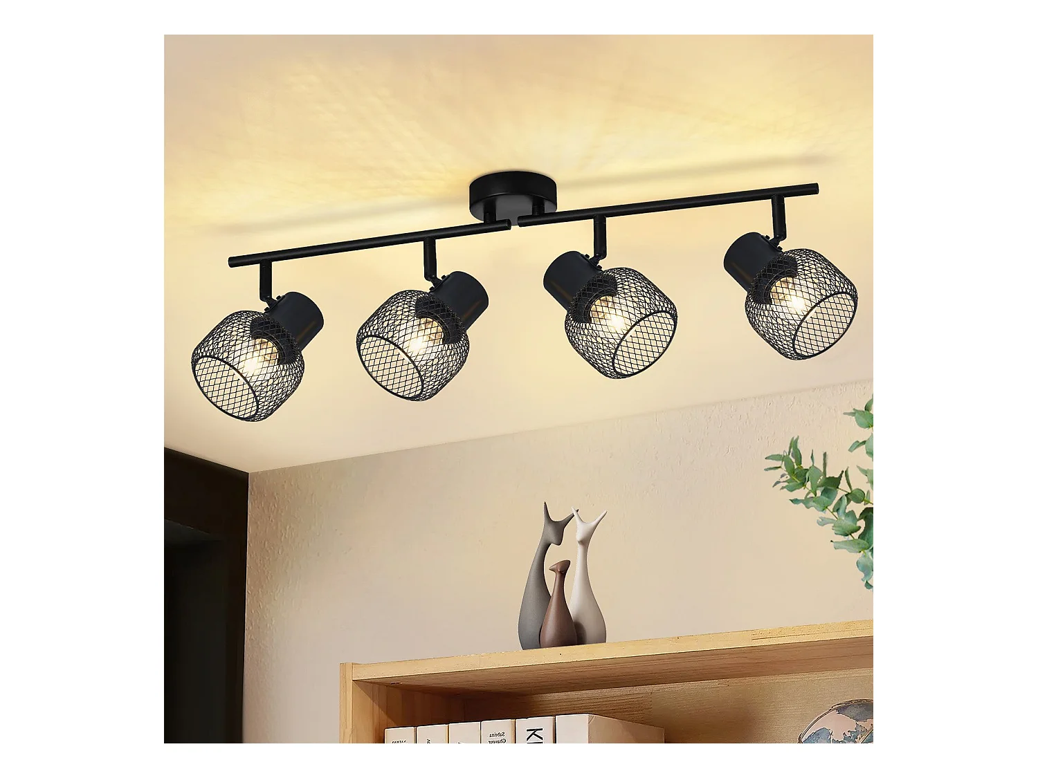 NETTLIFE 4 Spots Max.25W Plafond Métal Noir 4 Ampoules Pivotant 330° LED E27 Intérieur pour Salle à Manger Cuisine Chambre d'Enfant