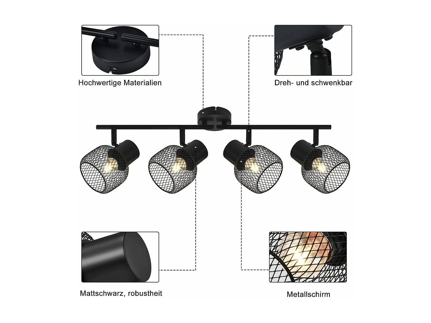 NETTLIFE Opbouwspot 4 vlammen E27 rond vintage zwart metaal Plafondspot verstelbaar 330°spot plafondlamp spot voor woonkamer slaapkamer keuken zonder gloeilampen