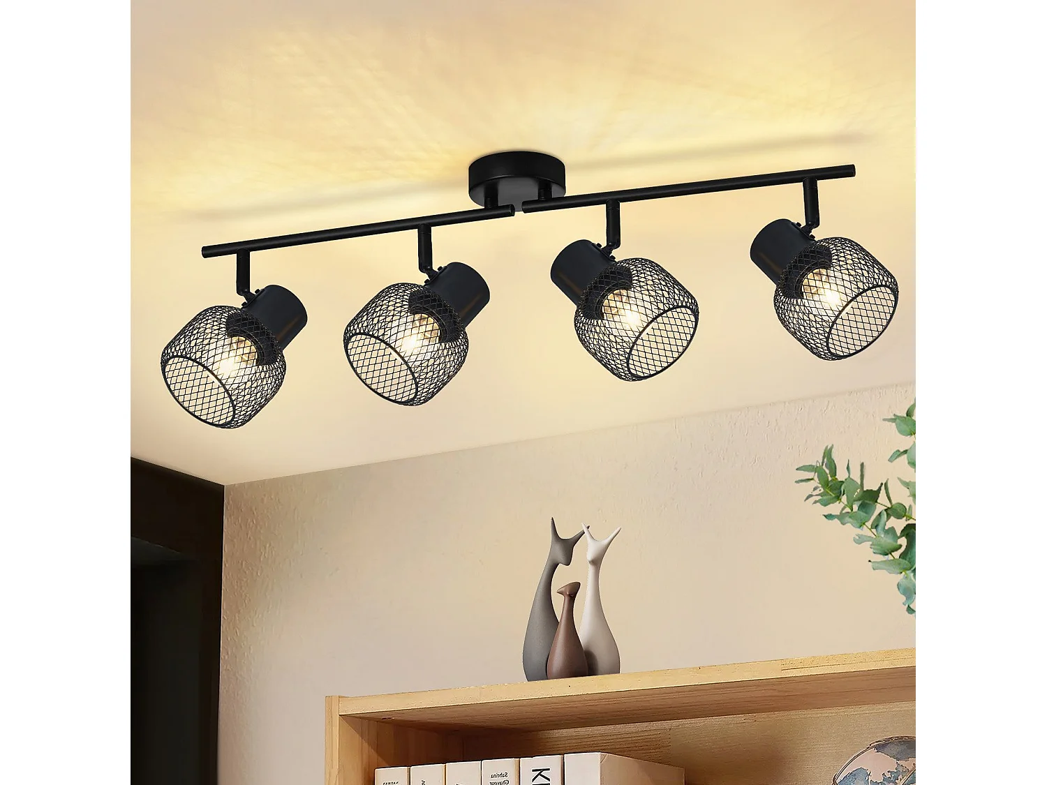 NETTLIFE 4 Spots Max.25W Plafond Métal Noir 4 Ampoules Pivotant 330° LED E27 Intérieur pour Salle à Manger Cuisine Chambre d'Enfant