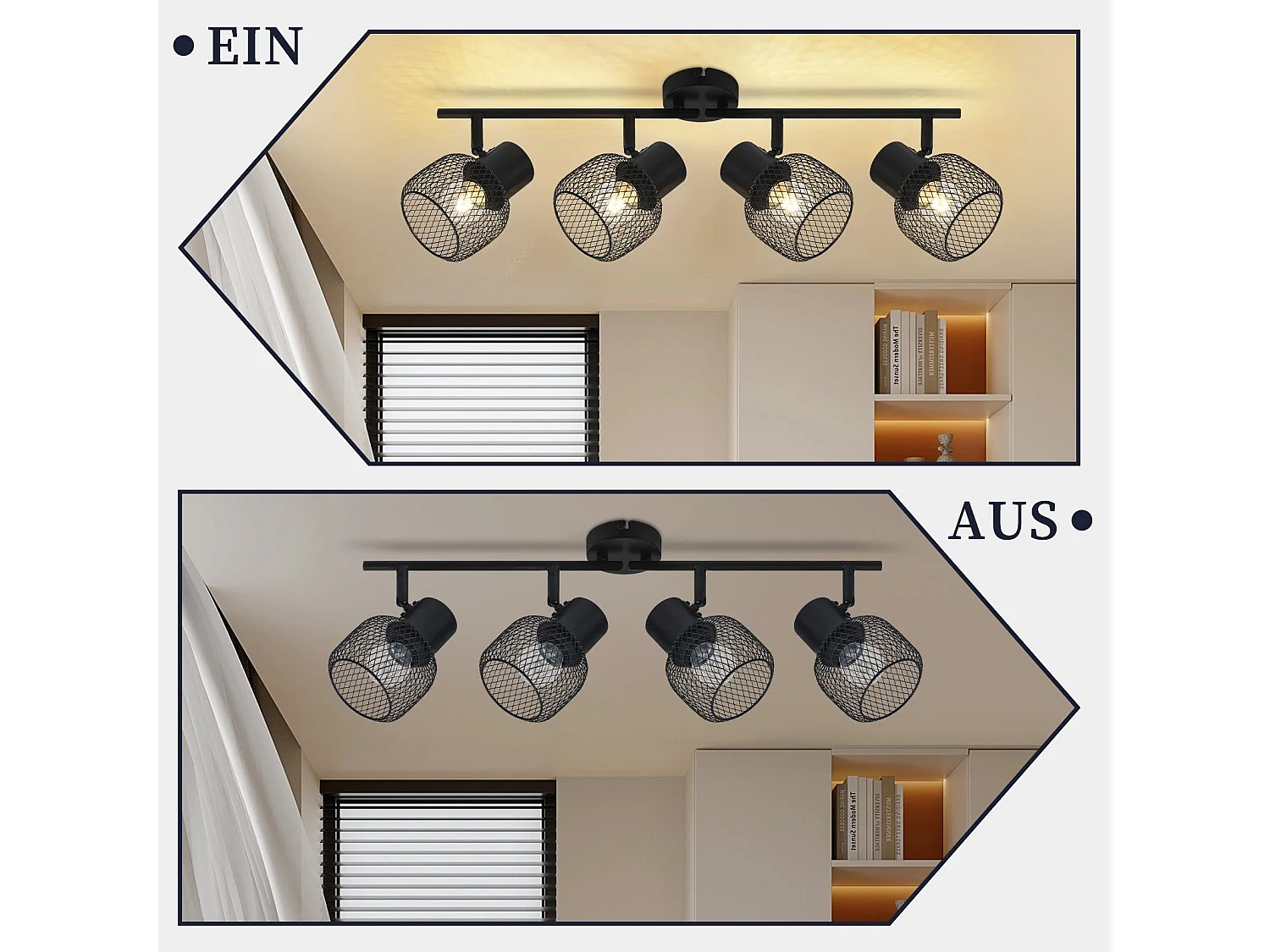 NETTLIFE 4 Spots Max.25W Plafond Métal Noir 4 Ampoules Pivotant 330° LED E27 Intérieur pour Salle à Manger Cuisine Chambre d'Enfant