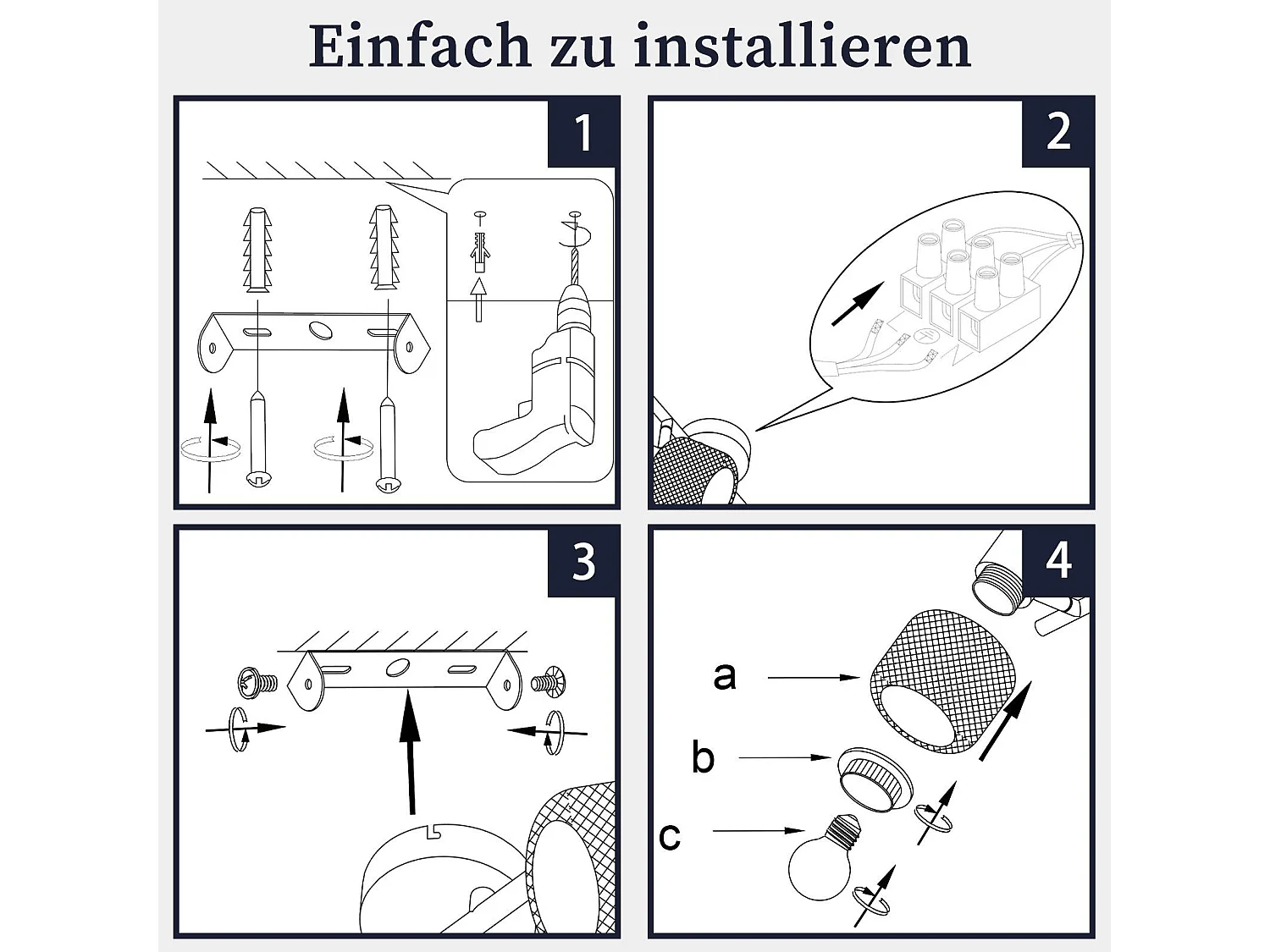 NETTLIFE 4 Spots Max.25W Plafond Métal Noir 4 Ampoules Pivotant 330° LED E27 Intérieur pour Salle à Manger Cuisine Chambre d'Enfant