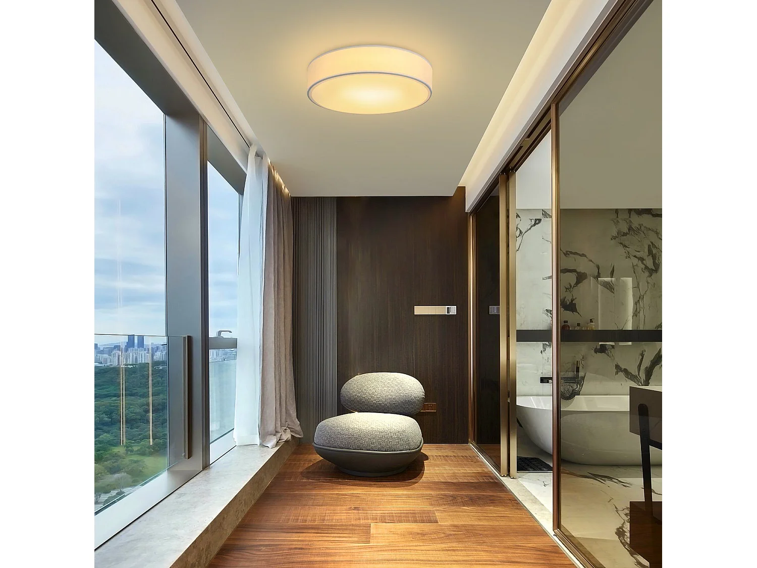 NETTLIFE lampa sufitowa 38CM biała E27 okrągła nowoczesna 2 żarówki materiałowe z abażurem do salonu kuchnia przedpokój