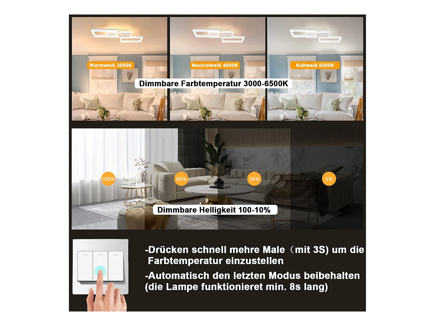 NETTLIFE Plafondlamp LED – Wit – vierkant - 3-Lichts - 3000K Warm wit Licht - Moderne Plafondverlichting – Metaal - voor Woonkamer | Slaapkamer | Gang - 48W