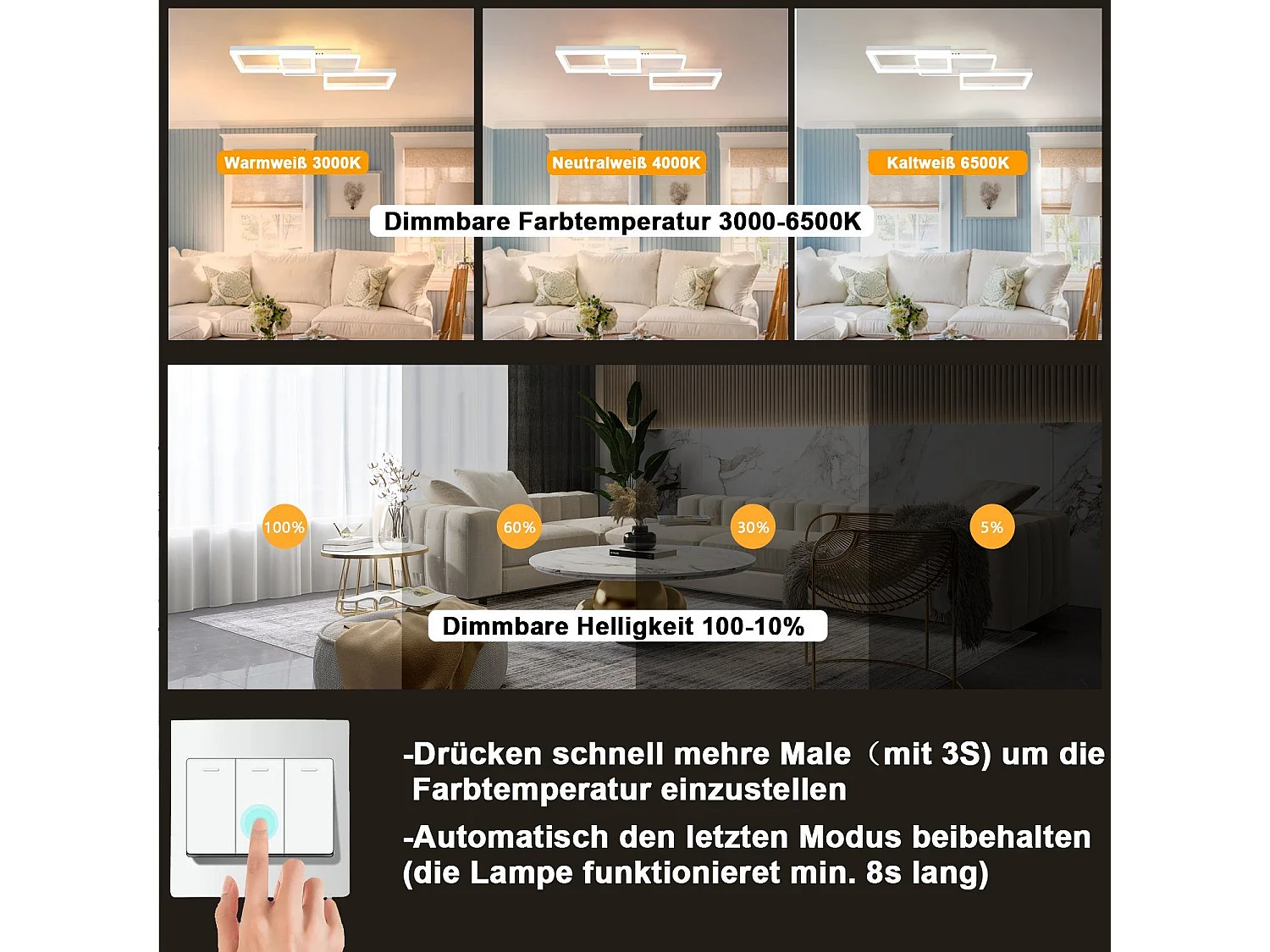 NETTLIFE Plafondlamp LED – Wit – vierkant - 3-Lichts - 3000K Warm wit Licht - Moderne Plafondverlichting – Metaal - voor Woonkamer | Slaapkamer | Gang - 48W
