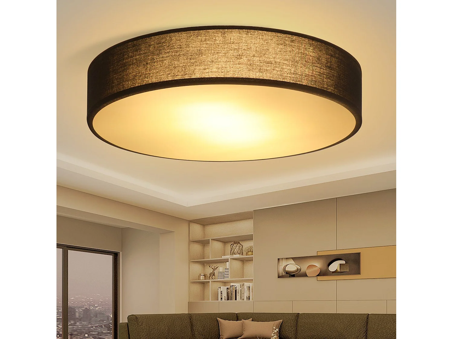 NETTLIFE Plafonnier E27 Rond 30CM Tissu Noir Moderne 1 Ampoule avec Abat-Jour en Tissu pour Salon Cuisine Couloir